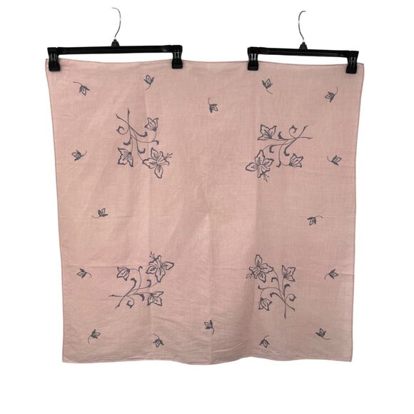 Vintage Handmade Embroidered Linen Tablecloth Peach Gray Floral Square 33” Used - Picture 1 of 13